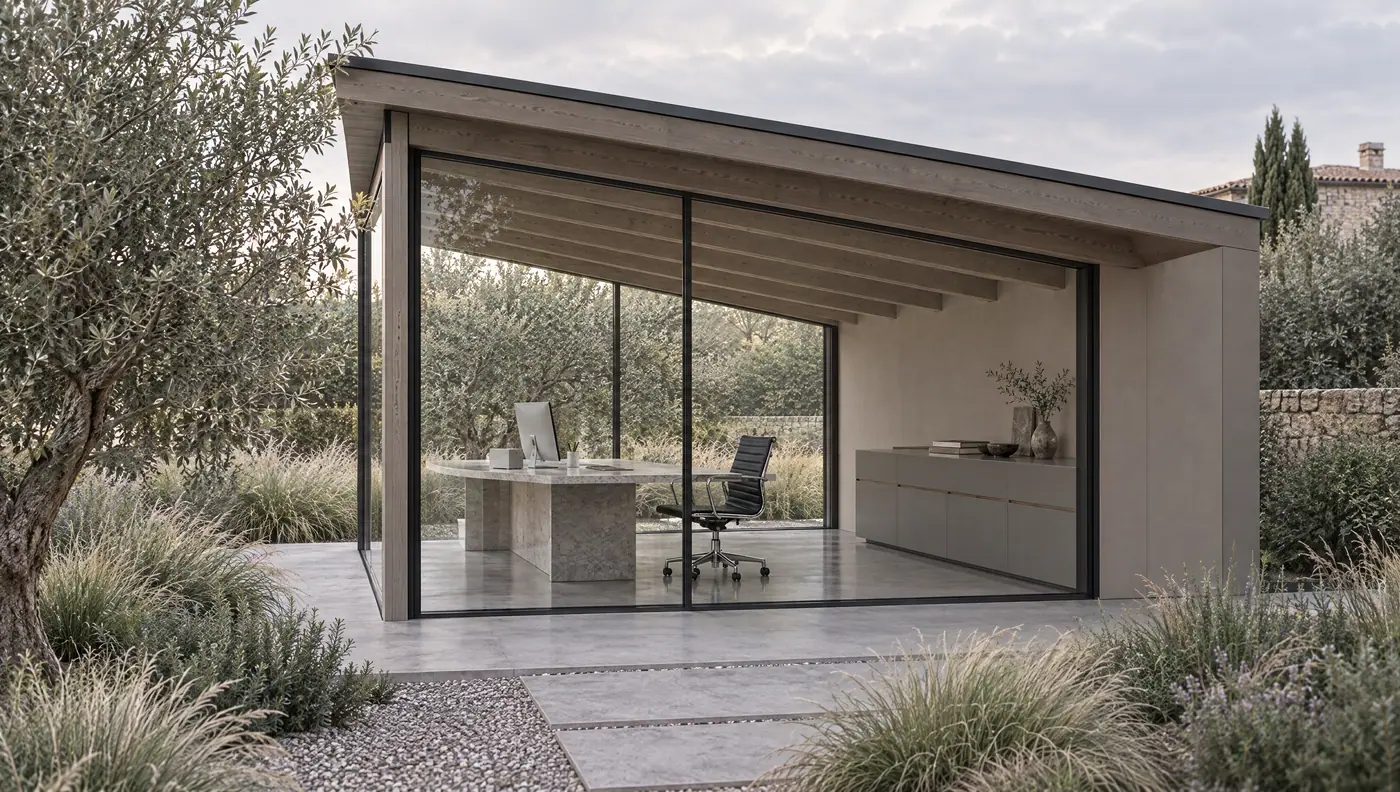 El estudio de NEK: una pérgola de madera a un agua con frente de vidrio