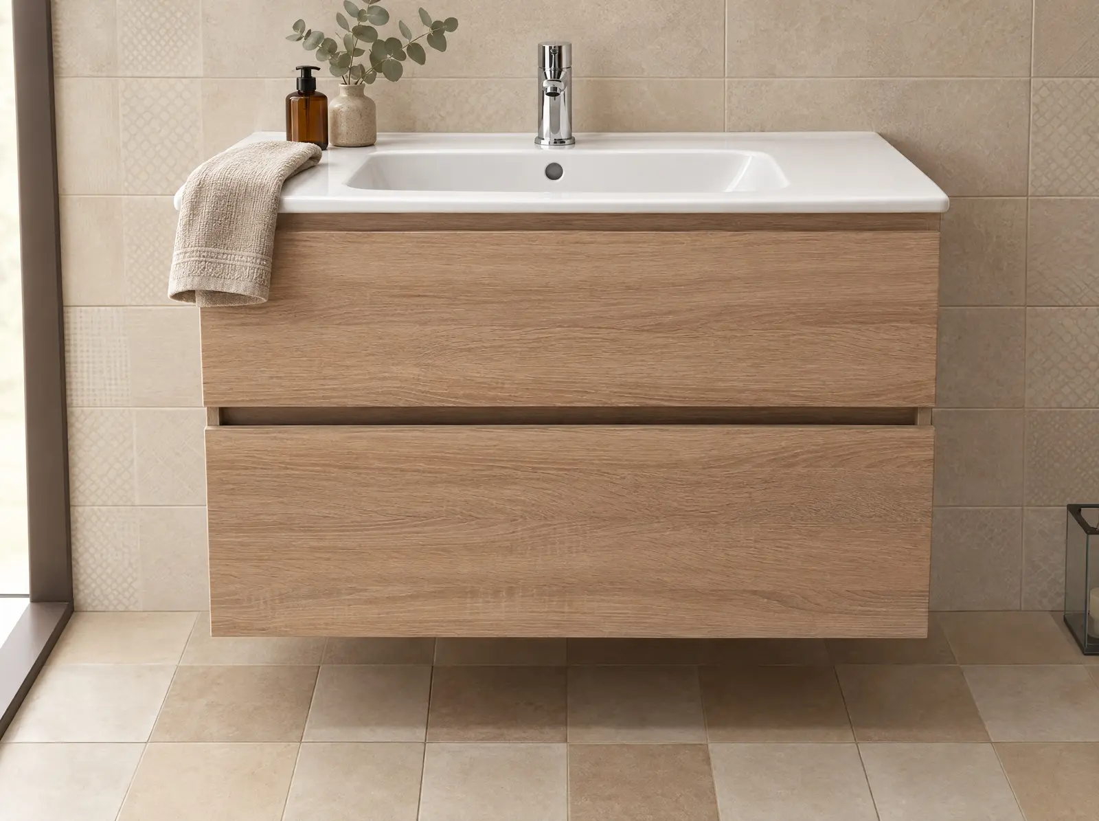 Baño con mueble de roble